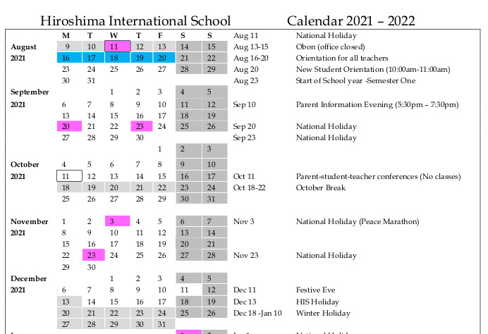 School Calendar – Hiroshima International School